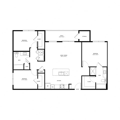 Northside at the Woodlands Three Bedroom Two Bathroom C1 Floor Plan
