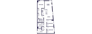 A floor plan of a 3 bedroom apartment with a living room, kitchen, three bedrooms, and two bathrooms.