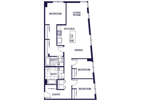 A floor plan of a 3 bedroom apartment with a living room, kitchen, three bedrooms, and two bathrooms.