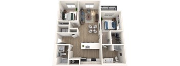 A 3D floor plan of a small apartment with a kitchen, living room, and bedrooms.