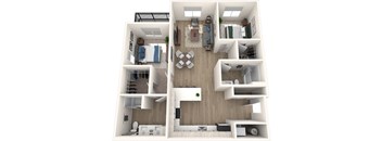 A top-down view of a small apartment with a kitchen, living room, and bedroom.