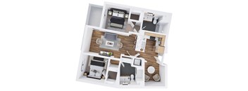 A top-down view of a modern apartment layout with a living room, kitchen, and two bedrooms.