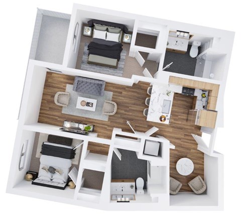 A top-down view of a modern apartment layout with a living room, kitchen, and two bedrooms.