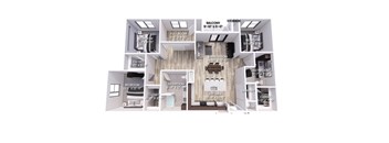 A floor plan of an apartment with a living room, two bedrooms, a bathroom, a kitchen, a balcony, and storage.