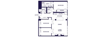 A floor plan of a 3 bedroom apartment with a living room, kitchen, three bedrooms, and two bathrooms.
