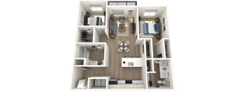 A 3D floor plan of a house with multiple rooms and furniture.