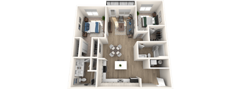 A top-down view of a small apartment with a kitchen, living room, and bedroom.