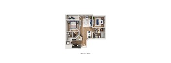 A floor plan of a unit with a living room, kitchen, and two bedrooms.