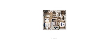 A 3D floor plan of a residential unit with labeled dimensions.