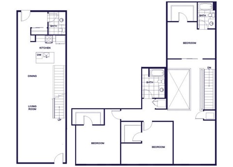 A floor plan of a 3 bedroom apartment with two stories, a living room, kitchen, three bedrooms, and two and a half bathrooms.