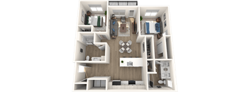 A top-down view of a modern apartment layout with a living room, kitchen, and two bedrooms.