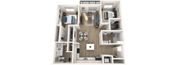 A 3D floor plan of a house with a living room, kitchen, and bedrooms.