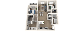 A 3D floor plan of a house with a living room, kitchen, and bedrooms.