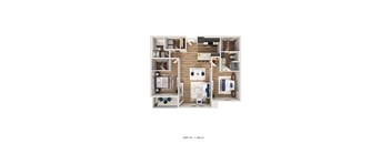 A floor plan of a unit with a living room, kitchen, and two bedrooms.