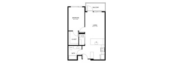 A black and white image of a floor plan for a bedroom, living room, closet, and bathroom.