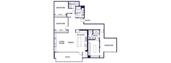 A floor plan of a 3 bedroom apartment with a living room, kitchen, three bedrooms, and two bathrooms.