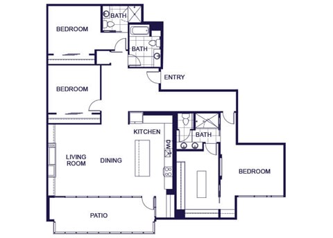 A floor plan of a 3 bedroom apartment with a living room, kitchen, three bedrooms, and two bathrooms.
