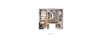 A floor plan of a small apartment layout with a kitchen, living room, and bedrooms.