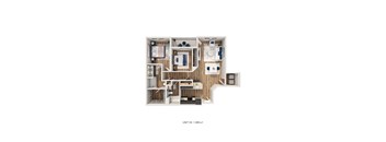 A floor plan of a small apartment with a kitchen, living room, and two bedrooms.