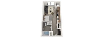 A top down view of a small apartment with a kitchen, living room, and bathroom.