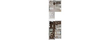 A floor plan of a house with a kitchen, living room, and two bedrooms.