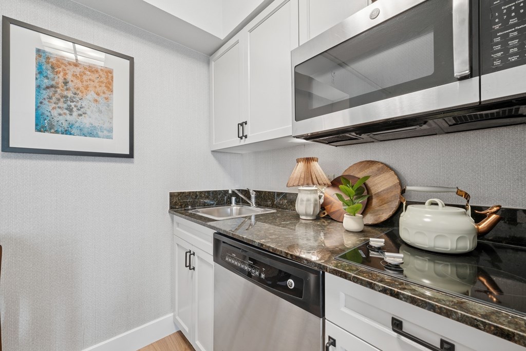A modern kitchen with a stainless steel dishwasher and microwave.