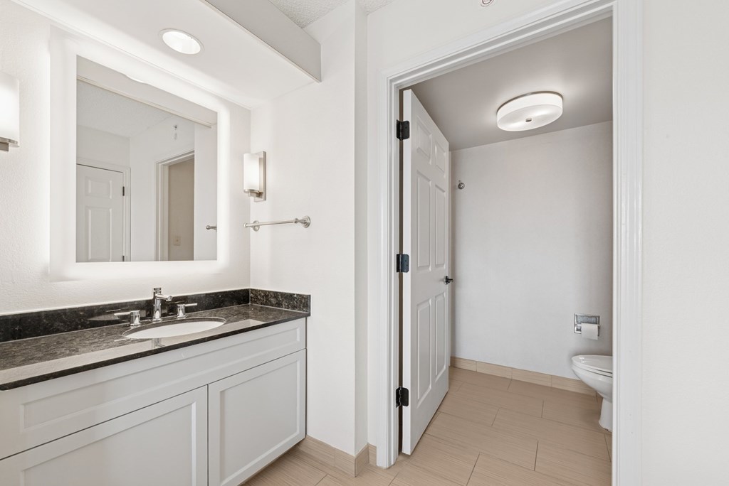 A bathroom with a sink, mirror, and toilet.
