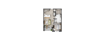 A floor plan of a house with a living room, kitchen, and two bedrooms.