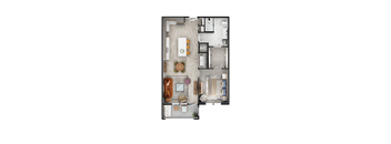 A floor plan of a house with a living room, dining room, kitchen, and bathrooms.