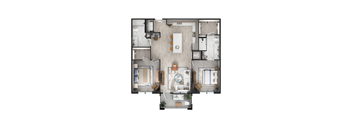 A top-down view of a house layout with a central living area and surrounding rooms.