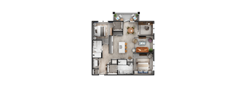 A top-down view of a house layout with a kitchen, living room, and bedrooms.