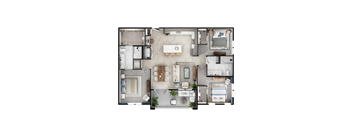 A top-down view of a house floor plan with a living room, kitchen, dining area, and bedrooms.