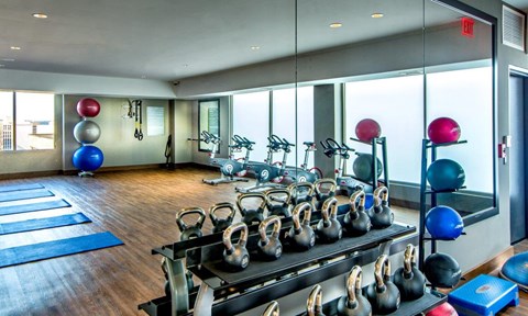 A gym with a row of kettlebells on a rack.