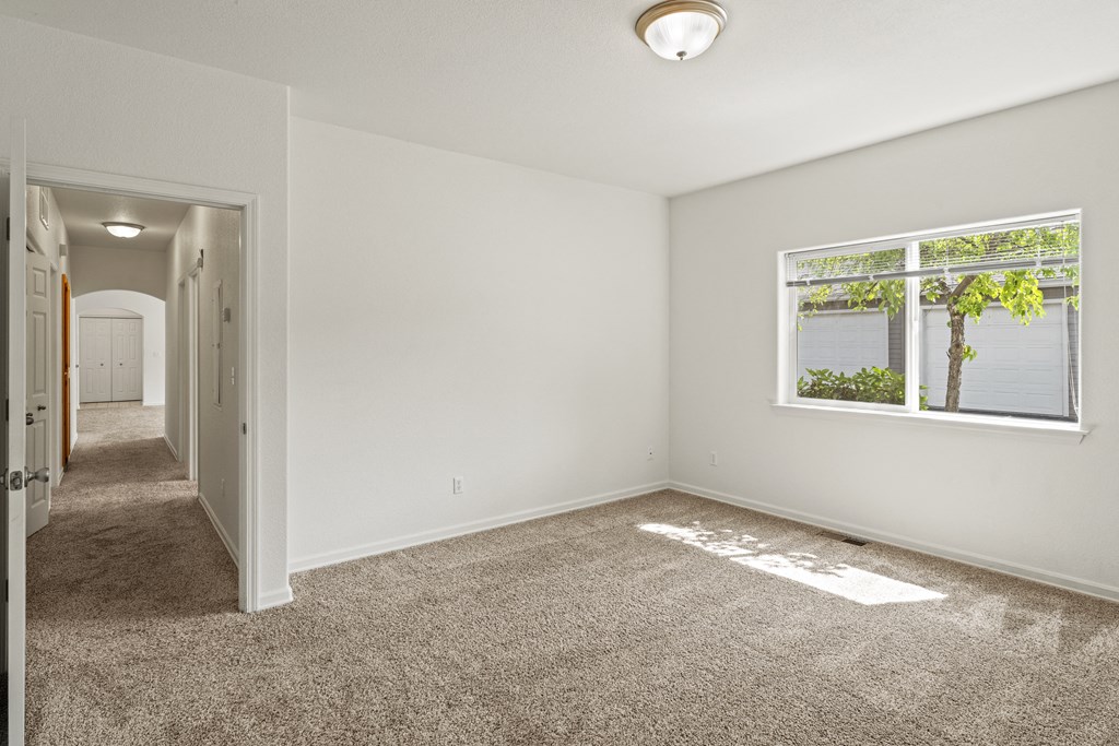 a bedroom with a carpeted floor and a large window