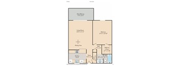 A floor plan for a home with a living room, dining area, kitchen, and bathroom.