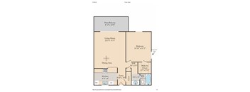 A floor plan for a home with a living room, dining area, kitchen, bathroom, and bedroom.