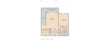 A floor plan for a home with a living room, dining area, kitchen, and bathroom.