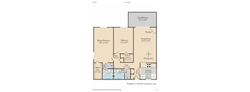 A floor plan for a home with a master bedroom, living room, dining area, kitchen, and bathrooms.