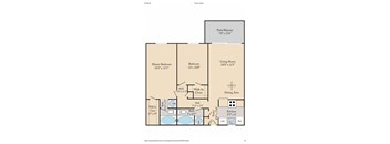 A floor plan for a home with a master bedroom, living room, dining area, kitchen, and bathroom.