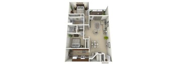 A 3D rendered image of a small apartment layout.