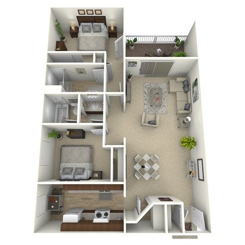A 3D rendered image of a small apartment layout.