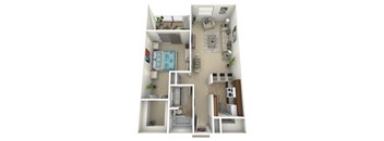 A 3D floor plan of a small apartment with a bedroom, living room, kitchen, and bathroom.