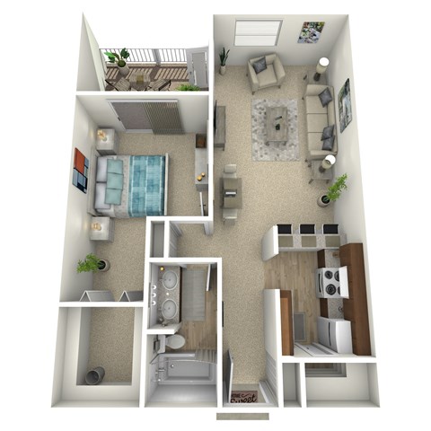 A 3D floor plan of a small apartment with a bedroom, living room, kitchen, and bathroom.