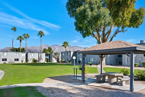 A pavilion with a picnic table is in the foreground of a residential area with houses and palm trees in the background.