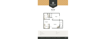 A floor plan for an apartment named The Leaf is displayed with various rooms labeled, such as Bath, Dining Room, Living Room, Kitchen, and Bedroom.