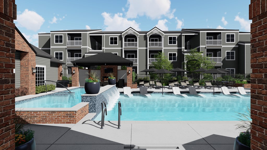 a rendering of an apartment complex with a pool