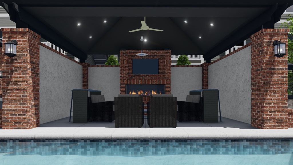 a rendering of a patio with a fireplace and a pool