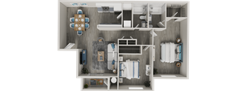 A top-down view of a small, neatly organized bathroom with a toilet, sink, and towel racks.