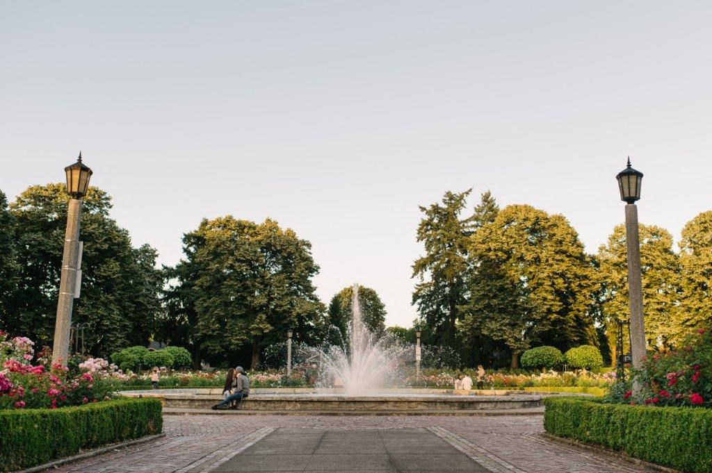a person sitting in front of a fountain in a park
