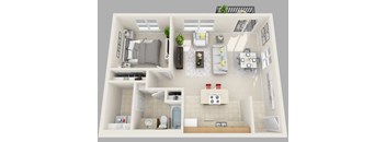 A 3D floor plan of A1 with a kitchen, living room, and bathroom.